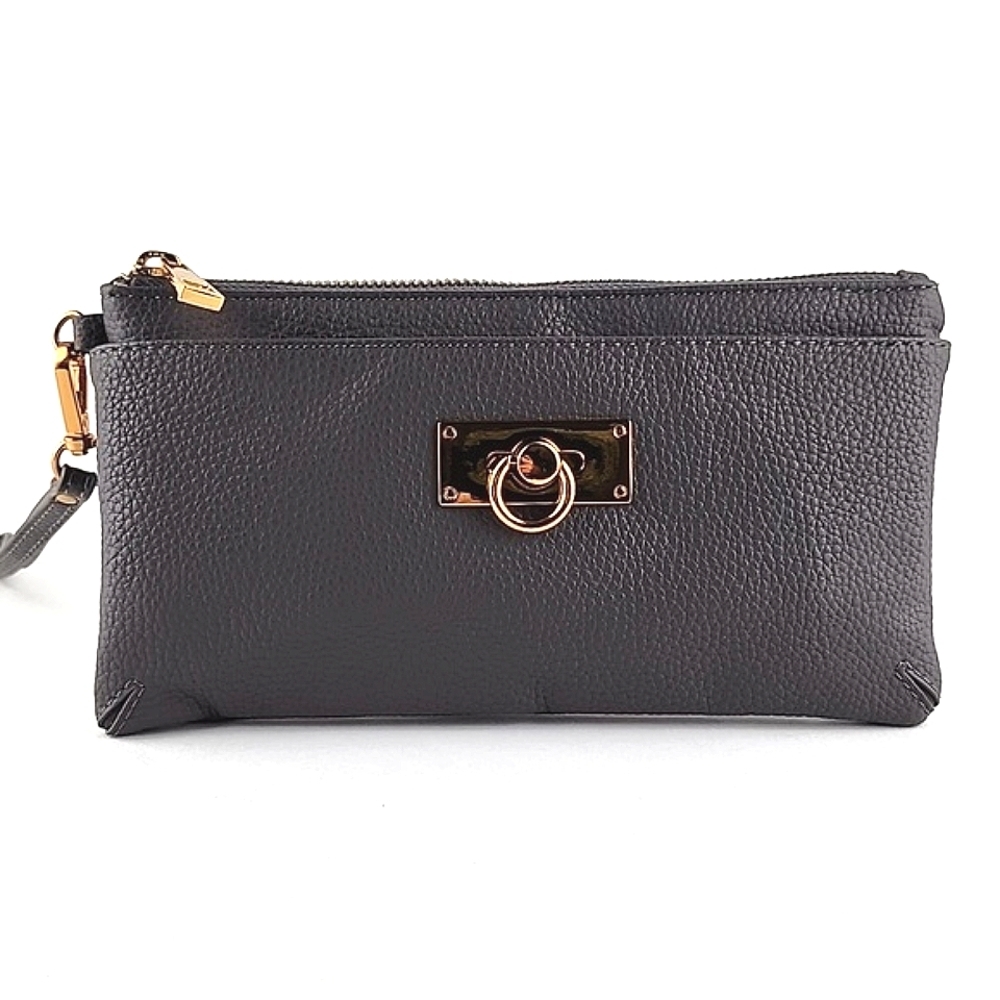 Love & Lore Wristlet Clutch Dark Grey Gold Tone Hardware Top Zip Closure - Picture 4 of 16